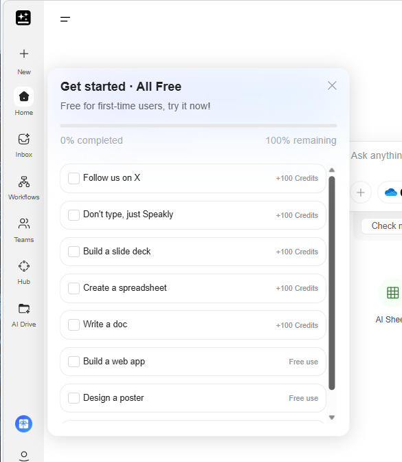 Genspark Get started All Free menu (English)